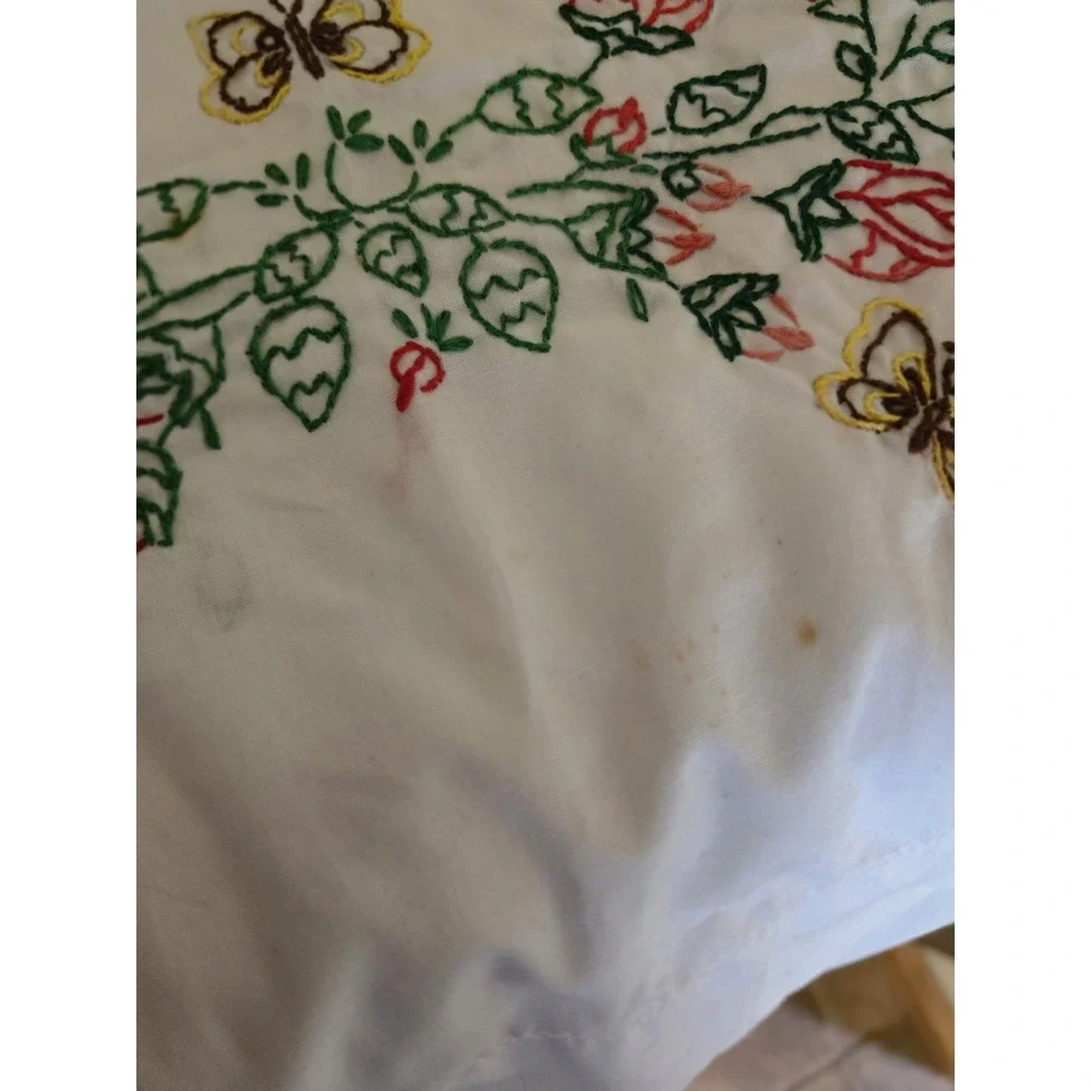Vintage Embroidered Pillowcases Red Rose Cottagecore Pair Set Light Stain
